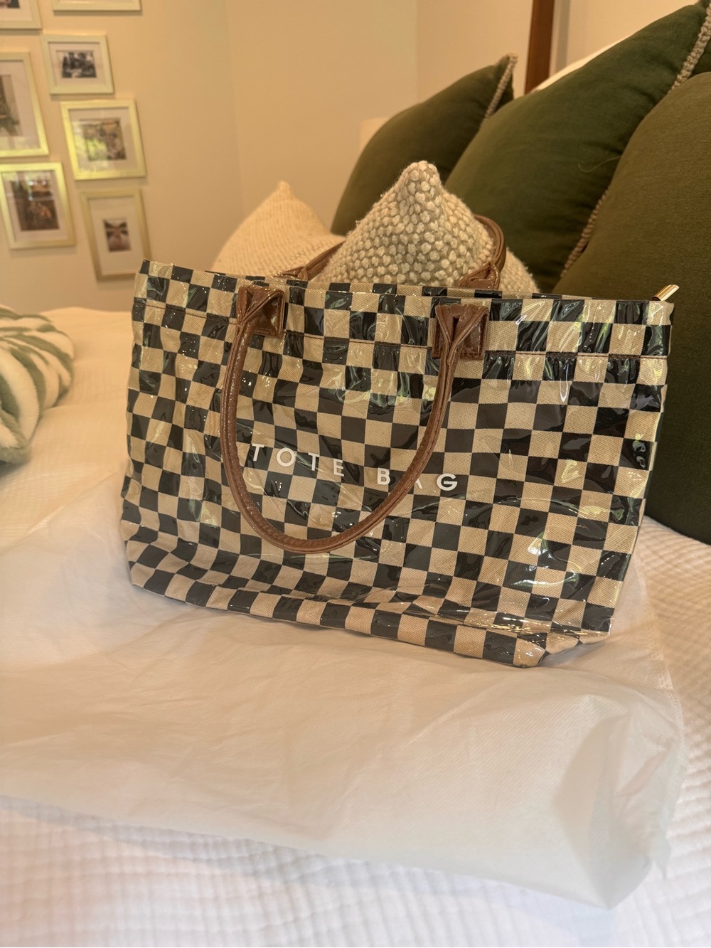Checkerboard Black & Cream Tote Bag with Brown Handles